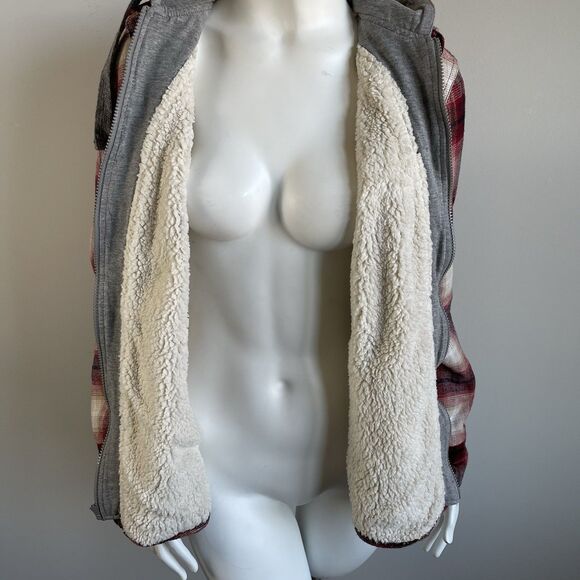 Natural Reflections Sherpa Lined Hoodie Shirt Jacket Womens L Red Plaid Flannel - Picture 12 of 16